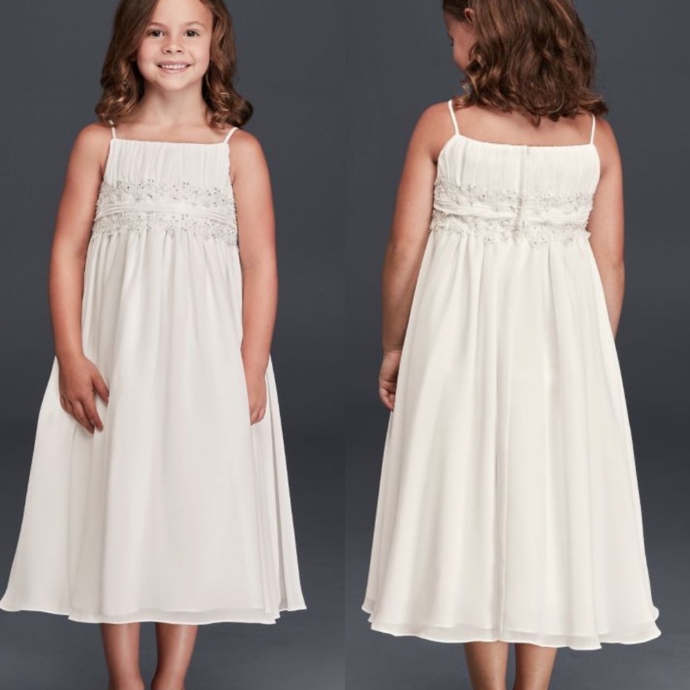David's Bridal Girls Ivory Beaded Empire Waist Formal Dress